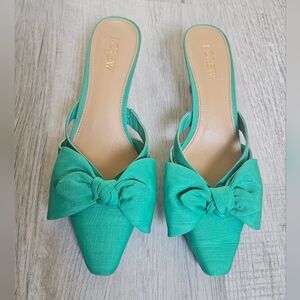 ​J. Crew Bow Kitten Heels Mules Green Fabric Pointed Toe Slip On Pumps Size 8 CG